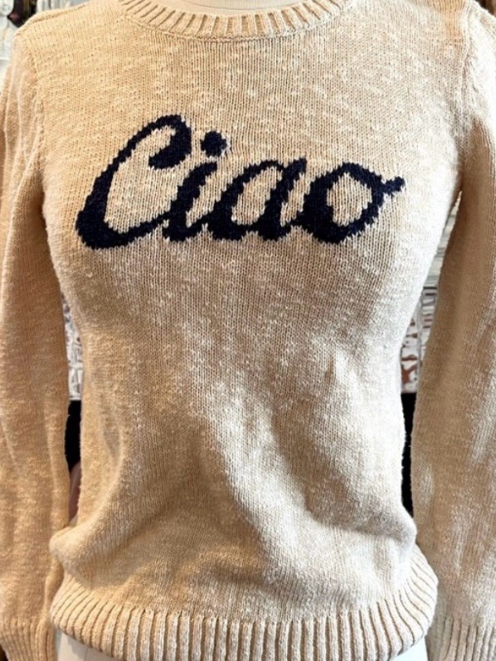LOFT Beige Crewneck Sweater with Navy 'Ciao' Script